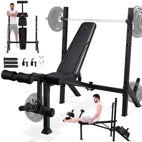 ANCHEER 900LBS Weight Bench Set with Barbell Rack, Heavy Duty Bench Press Set with Leg Extension and...