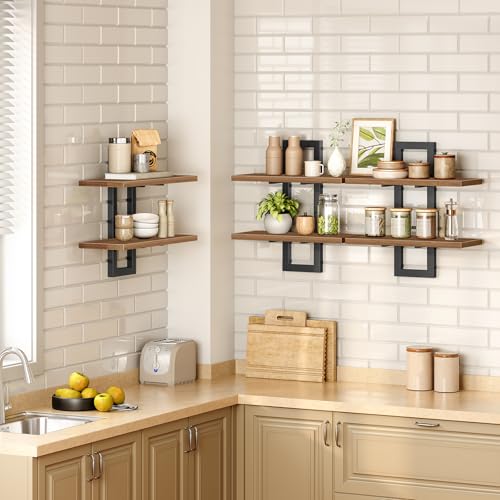 Image of HOOBRO Floating Shelves, 15 Inch Wall Shelf Set of 3, Wall Mounted Storage Shelves 2-Tier, Hanging Bathroom Shelves, for Living Room, Bedroom, Bathroom, Kitchen, Walnut and Black BH32BJP301