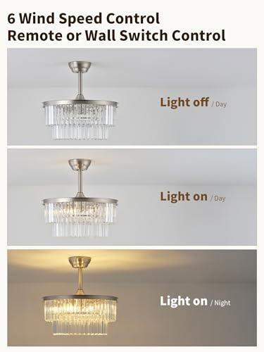 Image of 20 inch Silver Crystal Fandelier Ceiling Fans with Lights, Caged Silver Crystal Chandelier Ceiling Fan with Light Remote Control with 6 Speeds for Bedroom, Nursery, Living Room