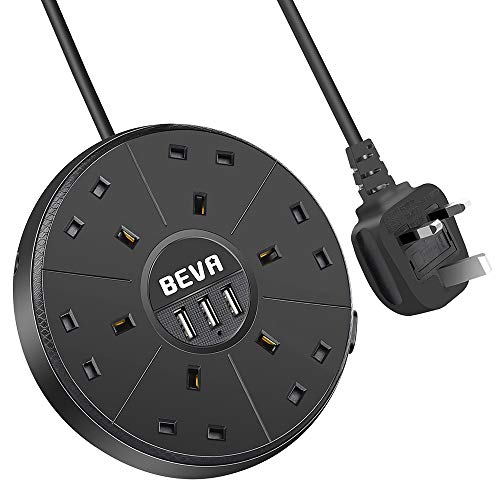 Extension Lead with USB ports 6 Way Outlets 3 Ports, BEVA Surge Protection Power Strip Charging Socket with 2 Meter Bold Extension cord build in Fuse 3 gang Power Sockets