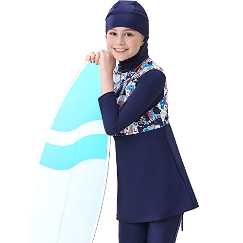 Image of ODIZLI Kids Girls' Rash Guard Sets Islamic Hijab Swimwear Muslim Modest Long Sleeves Shorts Pants Beachwear Hoodie Hat 2 PCS