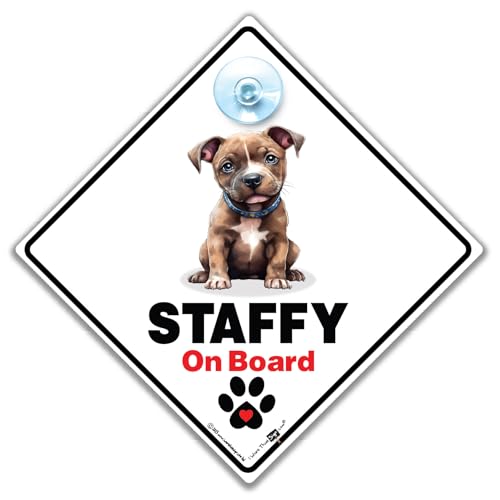 iwantthatsign.com Panneau « Staffy On Board », panneau de voiture Staffordshire Bull Terrier, panneau de voiture inscription « Staffie Dog Advisory » conçu avertir le chien dans la voiture, 14cmx14cm