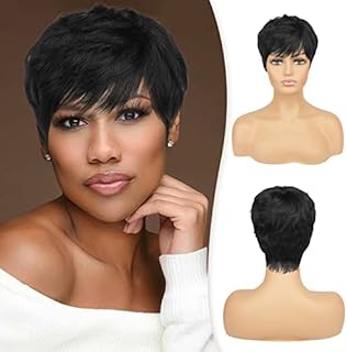 Pixie Cut Wig Human Hair Wigs Human Hair Wig with Bangs Natural Short Black Wig Layered Wavy Different Style Short Wigs for Black Women (1B#)