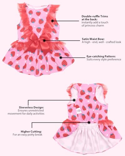 Image of CuteBone Pink Strawberry Pet Dress for Small Dogs, Cats - Ruffled Sleeves - Red Satin Bow - Sweet Daily, Playdate Dress