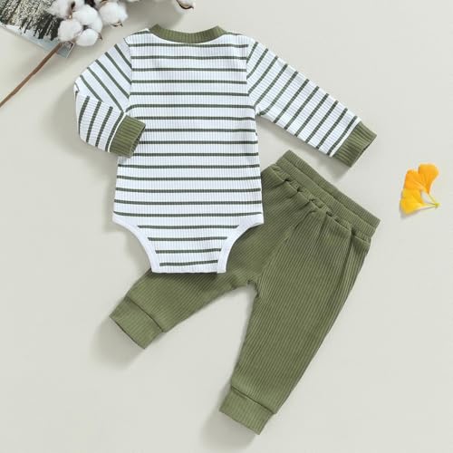 LUVCES Ensemble Vêtements pour Nouveau-né Garçon Manches Longues Rayés Côtelés Barboteuse et Pantalon Tenues d'automne et d'hiver Clothing 2Pcs Rayures vertes de l'armée 0-3 Mois – vue 3
