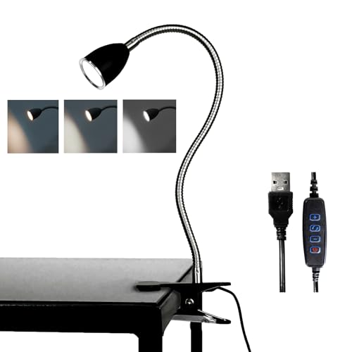 Desk lamp Eye-Caring Table Lamps, 360°Rotation Gooseneck Clip on Lamp Reading Light, Portable Reading Book Light, Clamp Light, Study Desk Lamps for Bedroom and Office Home Lighting (Black with Dimmer)