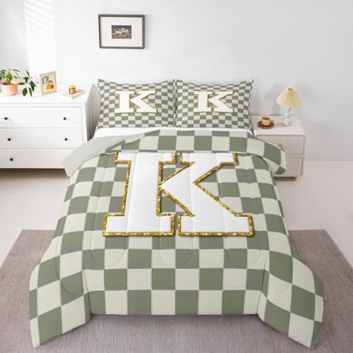 Image of Erosebridal Sage Green Checkered Comforter Set Full Plaid Initial K Bedding Set Personalized Monogram Comforter for Kids Adults,Fashion Grids Gingham Quilt Duvet