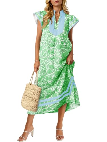 Image of Wenrine Womens Summer Floral Maxi Dress Casual Short Cap Sleeve V Neck Color Block Side Slit Loose Boho Beach Dresses