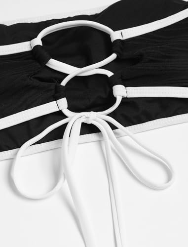 Image of ZAFUL Women Strapless Textured Bandeau Bikini 2 Piece Swimwear Cheeky Solid Lace up Bathing Suits