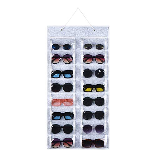 Kuchluse Sunglasses Organizer Storage 16 Felt Slots, Hanging Dust Proof Sunglasses Holder, Wall Pocket Eye Glasses Organizer Display Case with Sturdy Rope(Grey)