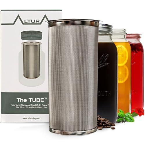 Altura The Tube Cold Brew Coffee Maker and Tea Infuser for Wide Mouth Mason Jars - Stainless Steel Cold Brew Filter Strainer for Iced Coffee, Fruit Water & More - (32oz/1qt)