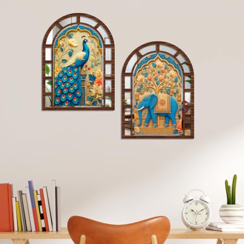 Image of Artvibes Peacock & Royal Elephant Theme Wall Art Decor | Decorative Wall Jharokha Mirror for Living Room, Hall, Bedroom, Foyer, Office & Dining Room | Gift for Mom & Dad (WH 12035N), Set of 2