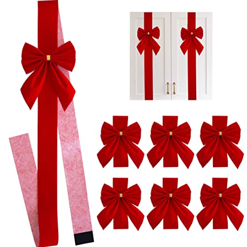 Ruwen 6 PCS Christmas Red Velvet Cabinet Door Ribbon and Bows, Thick Velvet Bow for Cabinets Furniture and Kitchen Christmas Party Decorations (red) (rw-052)