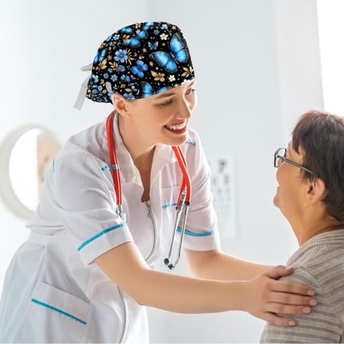 Image of Butterfly Scrub Cap Women with Ponytail & Buttons Adjustable Surgical Nurse Hat with Cotton Sweatband for Long Hair