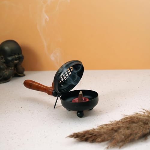 Image of Classyo Metal Dhoop Holder with Wooden Handle | Dhup Dani Loban Burner | Sambrani Dhoop Stand | Doopam Sambrani Holder for Puja | Loban Dhuni Burner (4 inch, Black, Round)