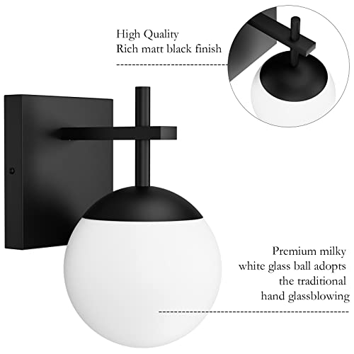 Image of Ralbay Matte Black Wall Sconce, Mid Century Modern Black Wall Light Fixtures Milky Glass Indoor Wall Lamp for Home Decor Bathroom Kitchen Living Room Vanity Hallway, Black 1 Light (Exclude Bulb)
