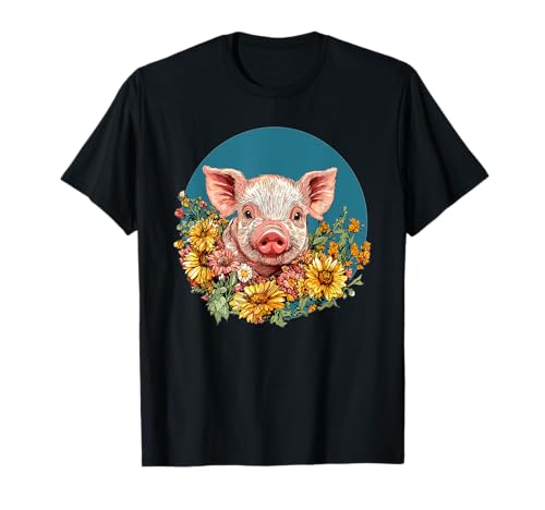 Lindo Cerdo Con Flores I Cerdo Camiseta