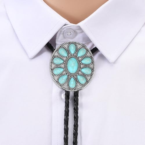 Image of AZORA Western Cowboy Bolo Tie Men Leather Necktie Leather Cord Turquoise Stone Bolo Ties for Men Women