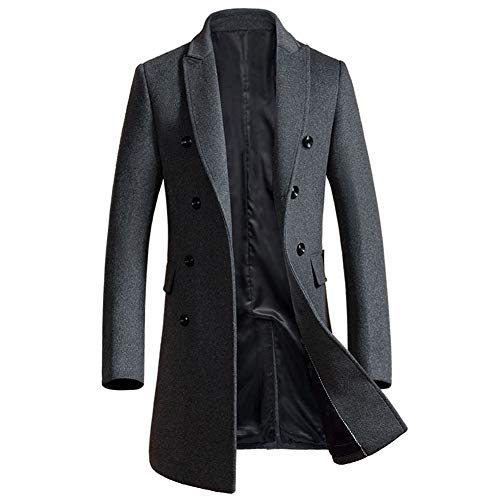 ZENTHACE Men's Premium Double Breasted Wool Blend Pea Coat Notched Collar Long Trench Coat Grey S