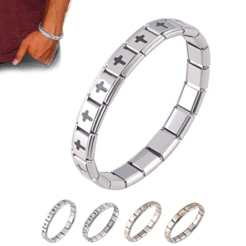 EFRANO Pulseira elástica de borda fina unissexo, pulseira de contas planas de aço inoxidável, pulseira elástica de Tai Chi com coração cruzado simples para homens e mulheres