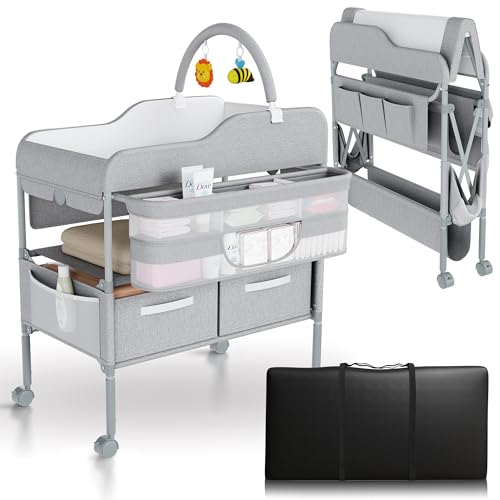Image of Portable Changing Table for Baby - Foldable Changing Table, Baby Diaper Changing Station with Baby Changing Station Toy Holder, Diaper Changing Table Bag - Portable Baby Changing Table with Wheels