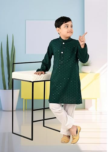 Image of Traditiona Kurta with White Pajama Set, Kids Ethnic Wear, Cotton Blend
