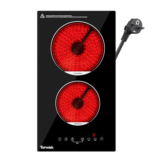 TOPWISH placa de vitrocerámica de 30 cm, placa eléctrica de cerámica con 2 zonas de cocción, placa vitrocerámica con temporizador y indicador de calor residual