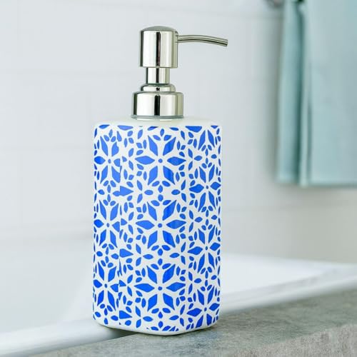 Image of Ceramic Soap Dispenser 330ml (Set of 1) | Blue & White Chess Pattern | Refillable Lotion, Hand Wash & Liquid Soap Pump | Multipurpose Bathroom & Kitchen Accessory