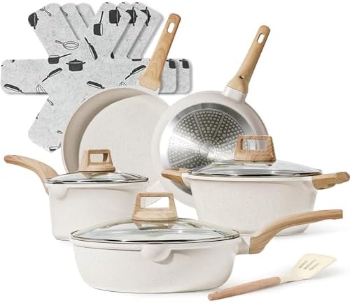 CAROTE 12 Pcs Pots and Pans Set,Nonstick Cookware Sets Induction Cookware, White Granite Non Stick Cooking Set w/Frying Pans & Saucepans(PFOS, PFOA Free)