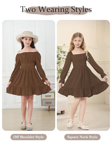 Durio Girls Dresses for Teens Girls Tie Back Off Shoulder Dress Cute Long Sleeve Dress Easter Kids School Party Dance Dresses3