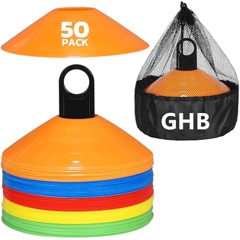 GHB Disc Cones 50 Pack Soccer Cones Sport Cones Training with Carry Bag and Holder for Football, Basketball, Coaching, Practice Equipment Includes Cone Drills Guide Cover