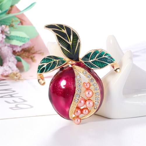 Image of Pearl Pomegranate Brooch - Colorful Oil Drop Rhinestone Pearl Pomegranate Pin, Stylish and Cute Red Fruit Enamel Lapel Pin, Women's Fashion Accessory