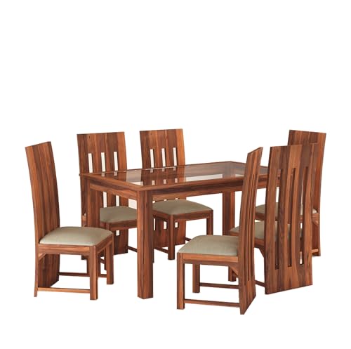 Image of SONA ART & CRAFTS Solid Sheesham Wood Dining Table 6 Seater Dining Table Set with 6 Cushion Chairs & Glass Top Dinner Table Set for Dining & Living Room Furniture for Home Restaurants (Teak Finish)