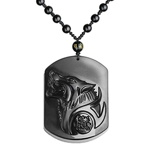 Black Obsidian Wolf Jewelry Necklace Hand Engraved Viking Celtic Wolf Animal Protection Pendant Healing Crystal Stone Spiritual Gifts for Men Boys