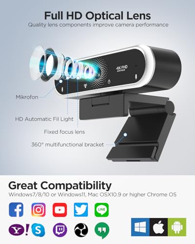 Image of Webcam 4K with Microphone & Privacy Cover for PC /Laptop, USB Computer Camera Plug & Play with Auto Light Correction for Video Calls, Live Streaming Gaming & Online Meetings