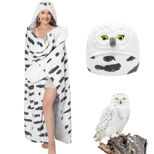 pewjury Decke mit Ärmeln und Kapuze Schneeeule Decke mit Handschuhen Tiermuster kuscheldecke flauschig Kuschelige Flanell Geschenke Kuscheldecke für Frauen