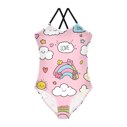 Bolaz Girls Swimsuits One-Piece Bathing Suits Multicolor Kids Sport Summer Beach Swimwear for 3-10 Years Old-Clouds and Hearts