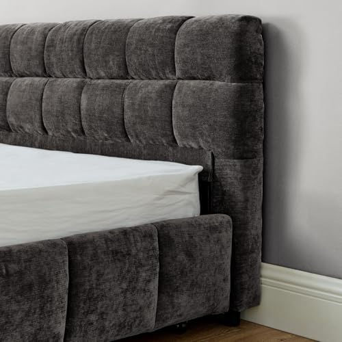 KEIKI King Thick Chenille Bed Frame with 4 Storage Drawer & Upholstered Tufted Headboard, Modern Solid Wood Floor Platform for Bedroom, No Box Spring Needed by KEIKI - Used condition - Image 6