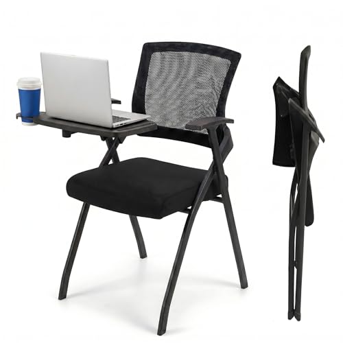 Image of 12 Pack Folding Office Chair with Desk Attached & Cup Holder-Tablet Arm Chair for Training Classroom-Conference Rom Mesh Back Guest Chair with Padded Seat-Portable Flip-Top Laptop Desk for Meeting