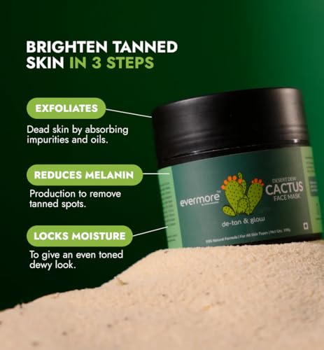Image of Evermore Mexican Cactus De-Tan Face Mask for Glowing & Bright Skin | Kaolin Clay, Kojic Acid, Niacinamide | Removes Tan, Deep Cleanses Pores, Controls Oil, Hydrates & Soothes | For All Skin Types | Natural, Vegan | 100g (Pack of 1)