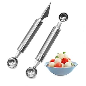 Meloen Baller – 2 stuks roestvrijstalen fruitbolletjes, snijgereedschap, dubbelzijdig, multifunctionele dunschiller snijmachine voor watermeloen ijs, doe-het-zelf salades, 30 mm