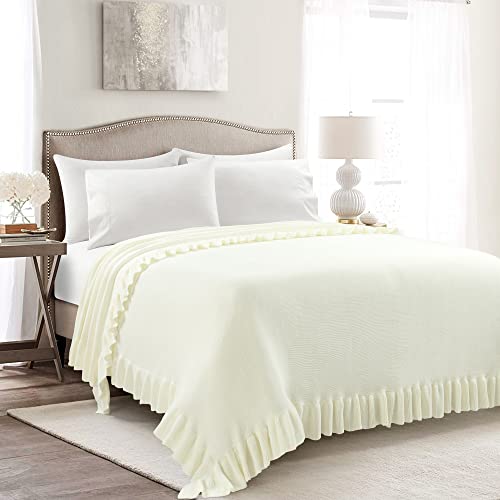 Image of Lush Decor Reyna Soft Knitted Ruffle Throw Blanket, 104 inch W x 88 inch L, Ivory - Classic Ruffled Bedding - Knit Blanket - Cozy Oversized Blanket For Bed or Couch - Vintage, Minimalist & Cottage Home Decor