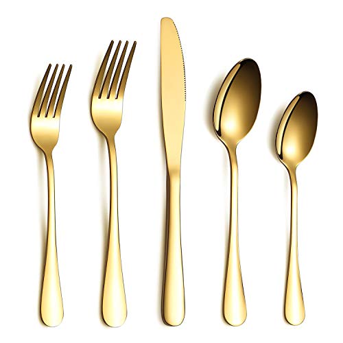HOMQUEN Golden Flatware Set 20 Piece Service for 4, Stainless Steel Golden Silverware