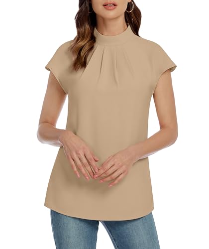 Image of Funlingo Womens Summer Tops Mock Neck Short Cap Sleeve Blouses Business Casual Work Chiffon Shirts Front Pleated Tunic Top