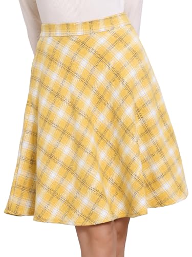 Allegra K Women's Plaids Vintage Tartan Elastic Waist Knee Length A-Line Skirt Medium Yellow