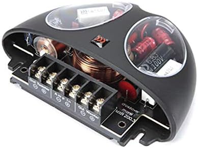 Close-up view of a single Morel MXR-200 crossover, showing terminal labels.