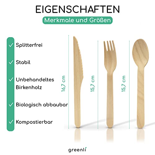 greenli® Einwegbesteck Set - 150 Holzgabeln, Holzmesser und Holzlöffel - Nachhaltiges Holzbesteck Einweg - Image 4