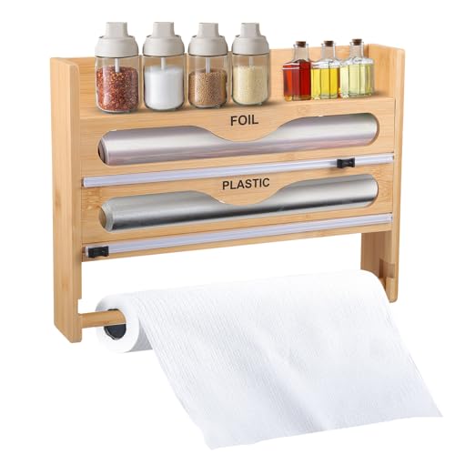 Strixorn Dispensador Papel Aluminio y Film con Portarrollos Cocina, Soporte Papel Cocina 4 en 1, Dispensador de Papel de Aluminio con Cortador, Dispensador de Papel de Aluminio de Bambú