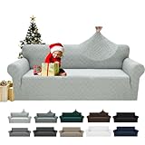 JIVINER Stretch Couch Cover 1 Piece Jacquard Sofa Covers for 3 Cushion Couch, Pet Dog Cat Friendly Sofa Slipcover 3 Seater Funiture Protector with Elastic Bottom (Large, Leaf Patten Silver Gray)