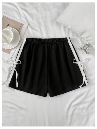 SHENHE Girl's Striped Sweat Shorts Y2K Bowknot Elastic Waist Wide Leg Track Shorts2